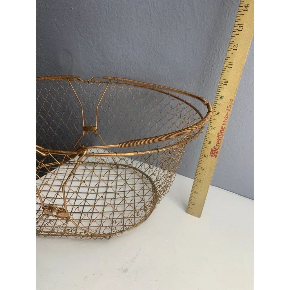 Large Collapsible Copper Wire Basket Egg Fruit Vegetables 18x13x8 in Vintage